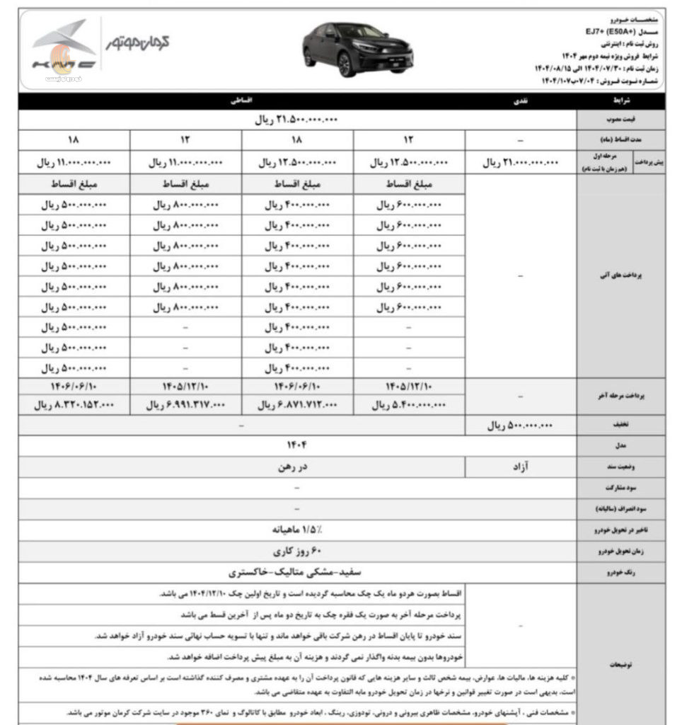 شرایط فروش کی ام سی EJ7 پلاس در مهرماه 1404