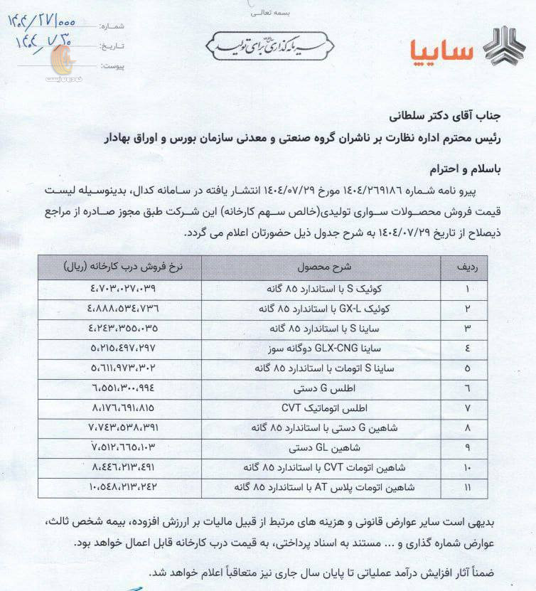 قیمت محصولات سایپا ویژه مهرماه 1404