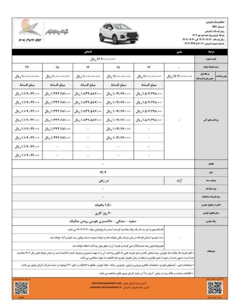 شرایط فروش کی ام سی SR3 کرمان موتور مهر 1404