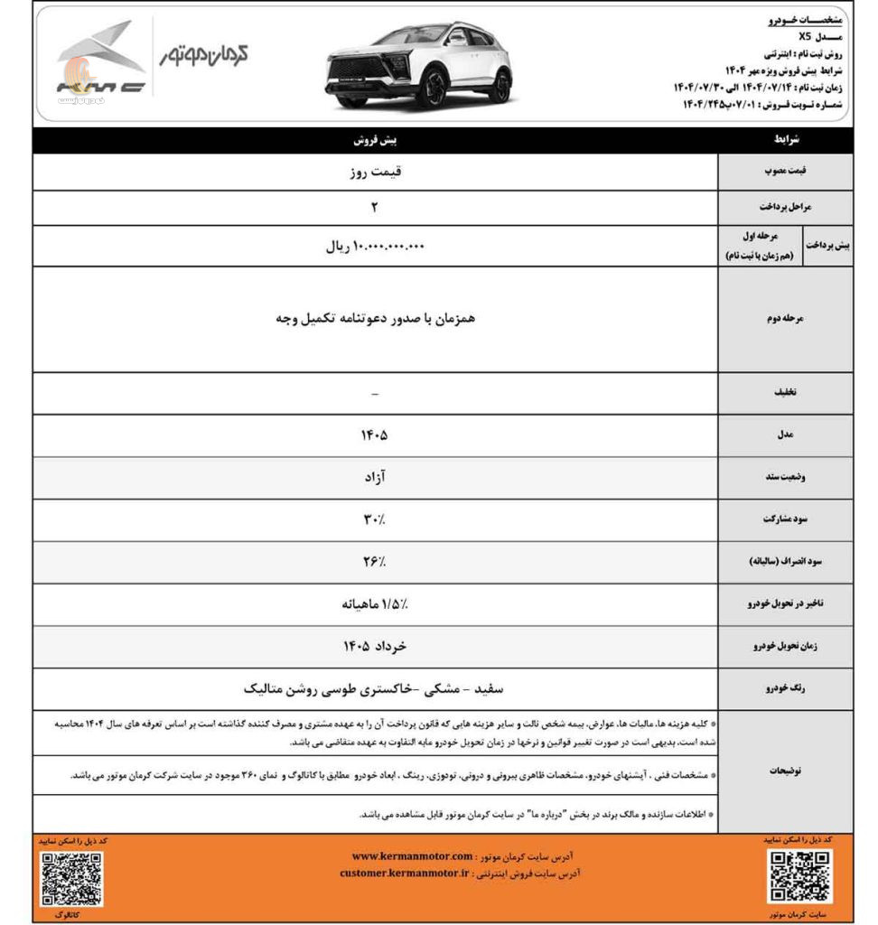 شرایط فروش کی ام سی X5 مهر 1404