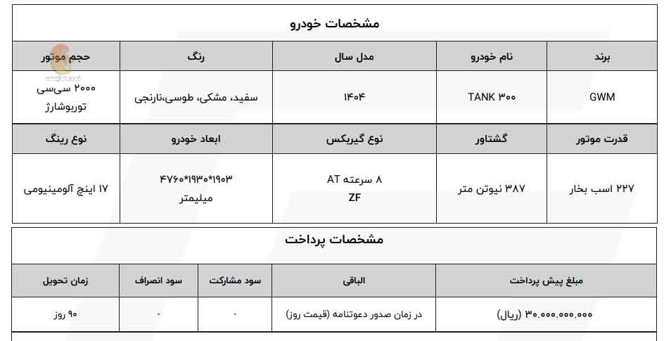 شرایط فروش تانک 300 شتابران خودرو ویژه مهر 1404