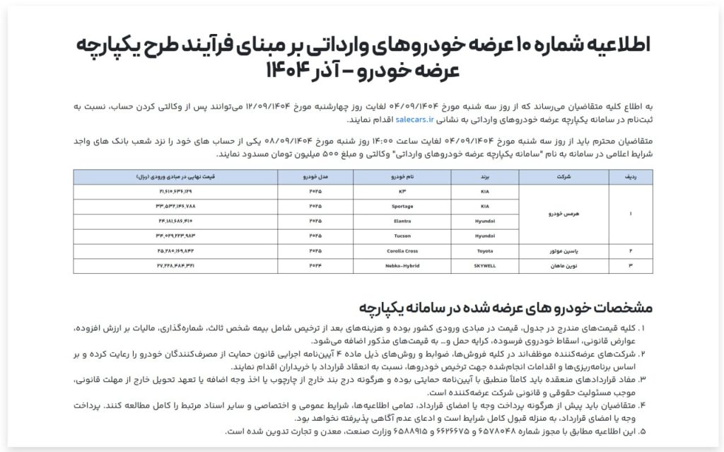 ثبت نام خودروهای وارداتی آذر 1404