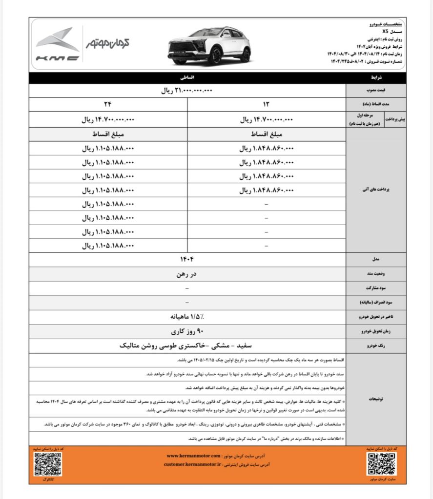 شرایط فروش اقساطی کی‌ام‌سی X5 در آبان 1404