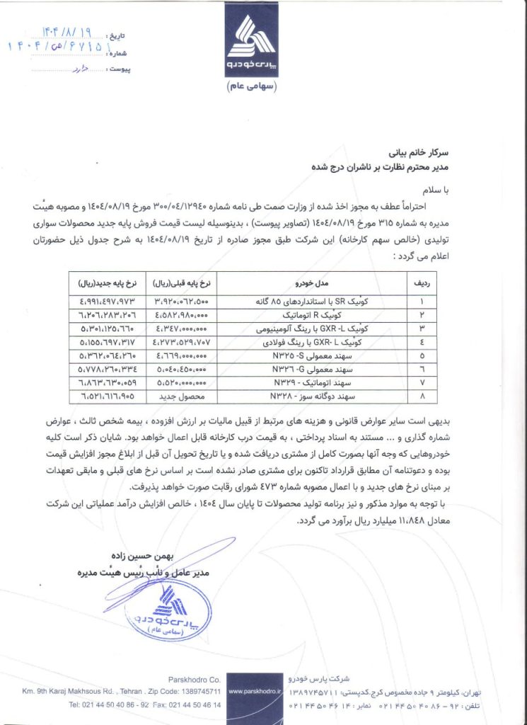 قیمت جدید محصولات پارس خودرو در آبان ۱۴۰۴