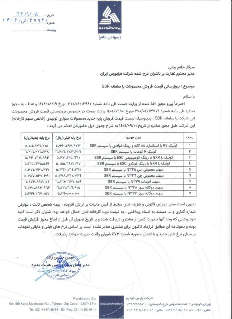 قیمت جدید محصولات پارس خودرو با سیستم SBR
