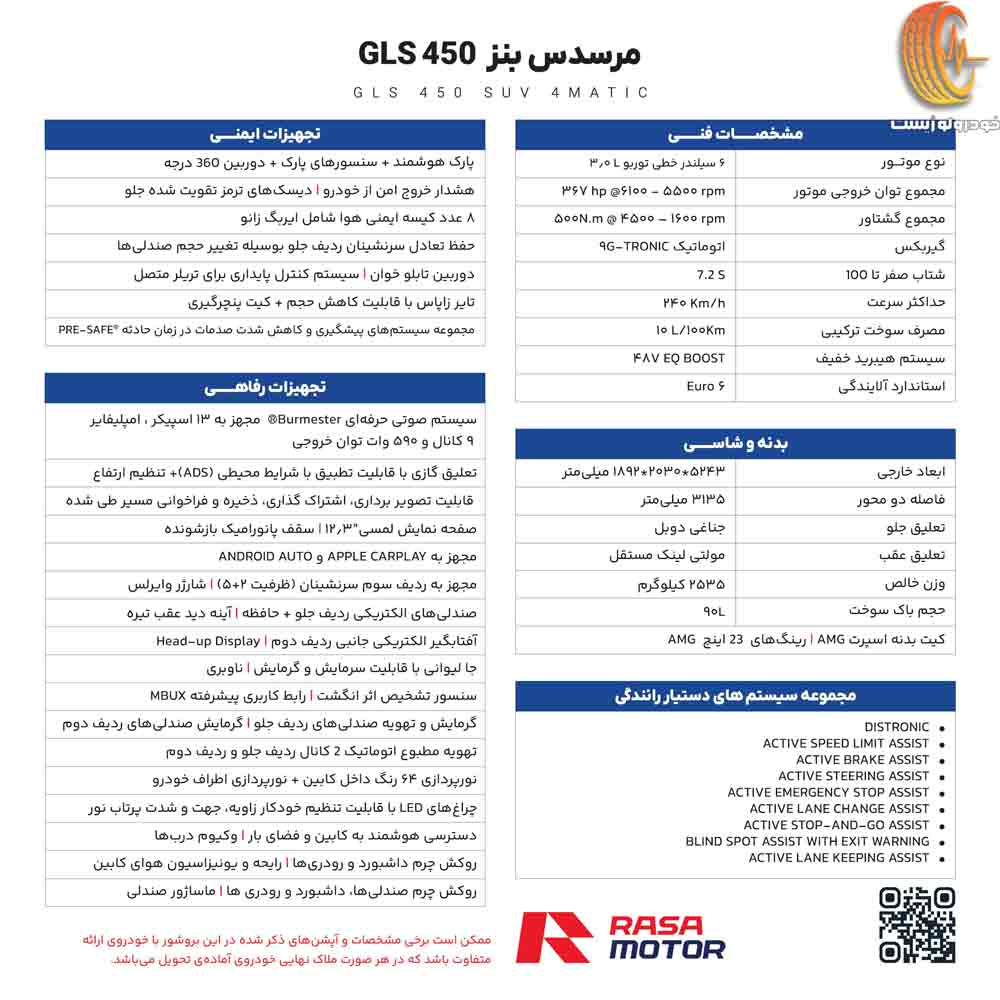 کاتالوگ مرسدس بنز GLS 450 4MATIC راسا موتور خاورمیانه