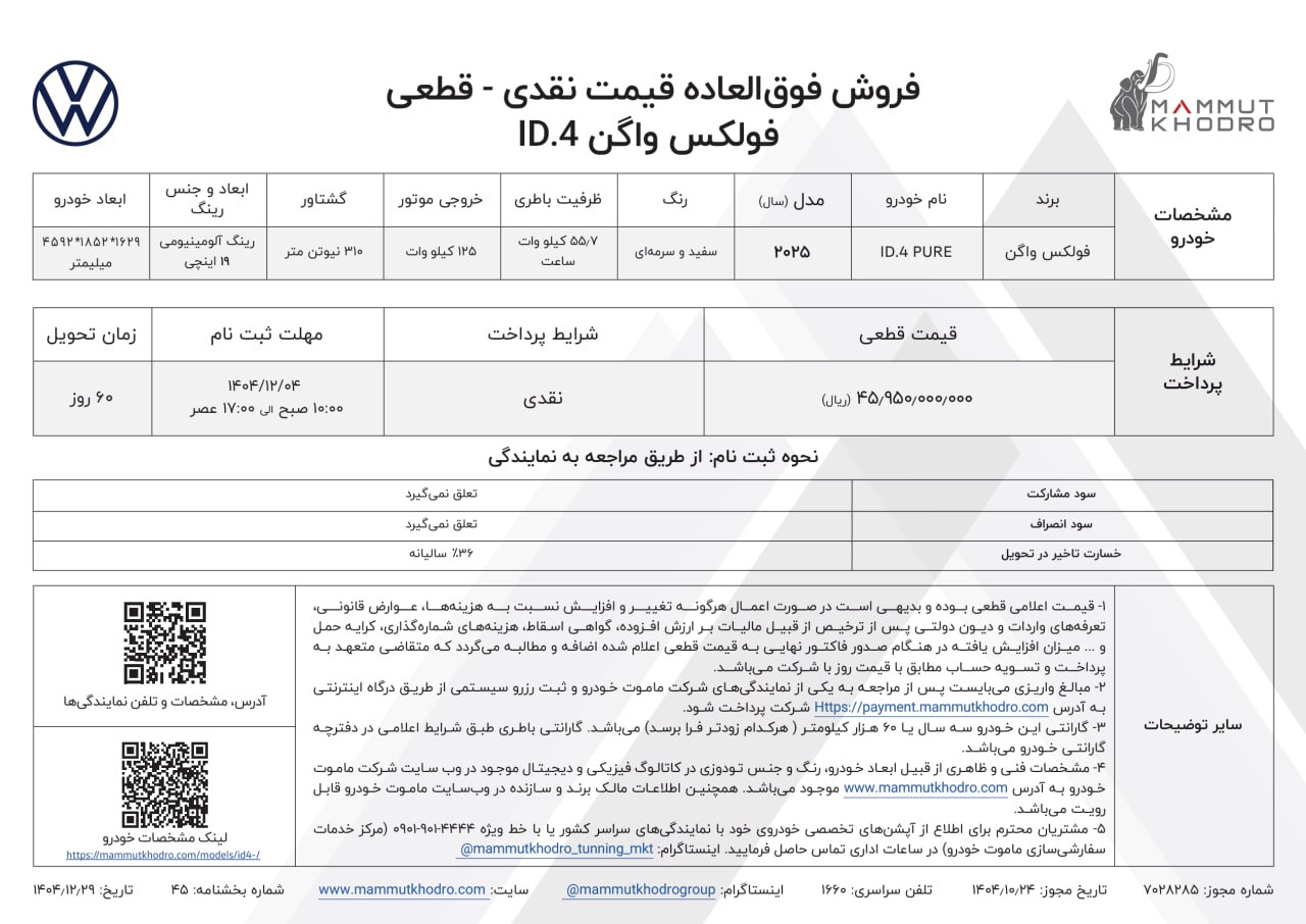 شرایط فروش فولکس واگن ID.4 پیور در اسفند 1404