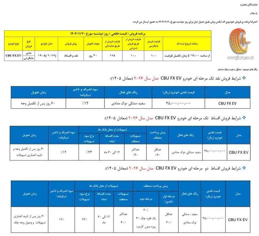 شرایط فروش فونیکس FX برقی بهمن 1404