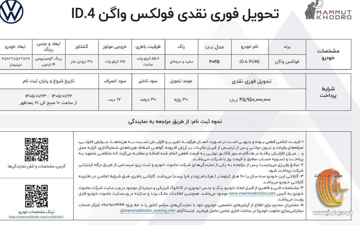 شرایط فروش فولکس واگن آی دی 4 پیور در فروردین 1405