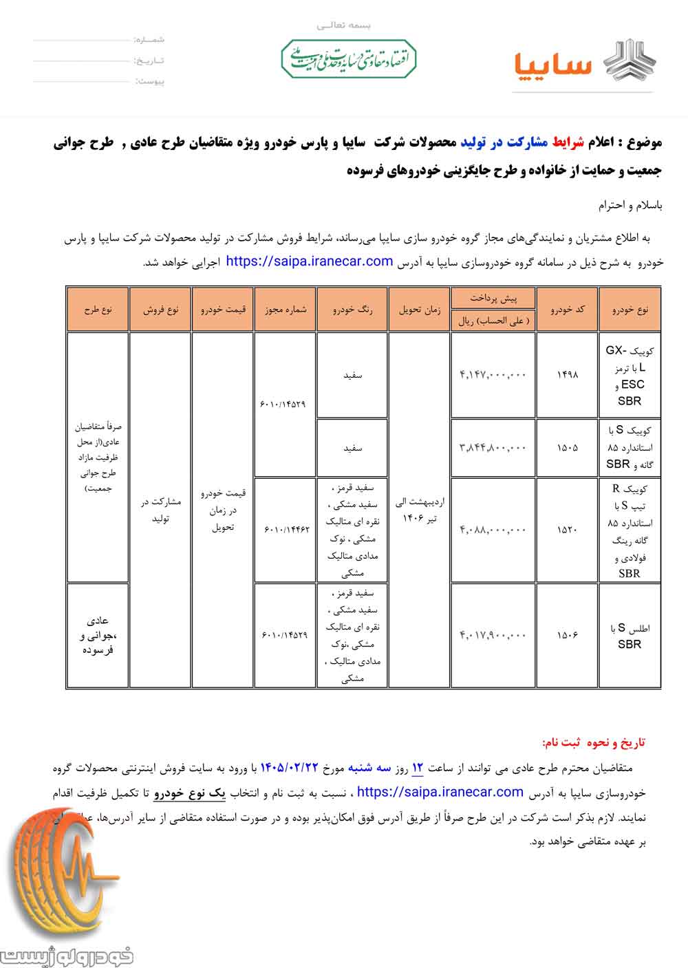 شرایط فروش مشارکت در تولید چهار محصول سایپا اردیبهشت 1405
