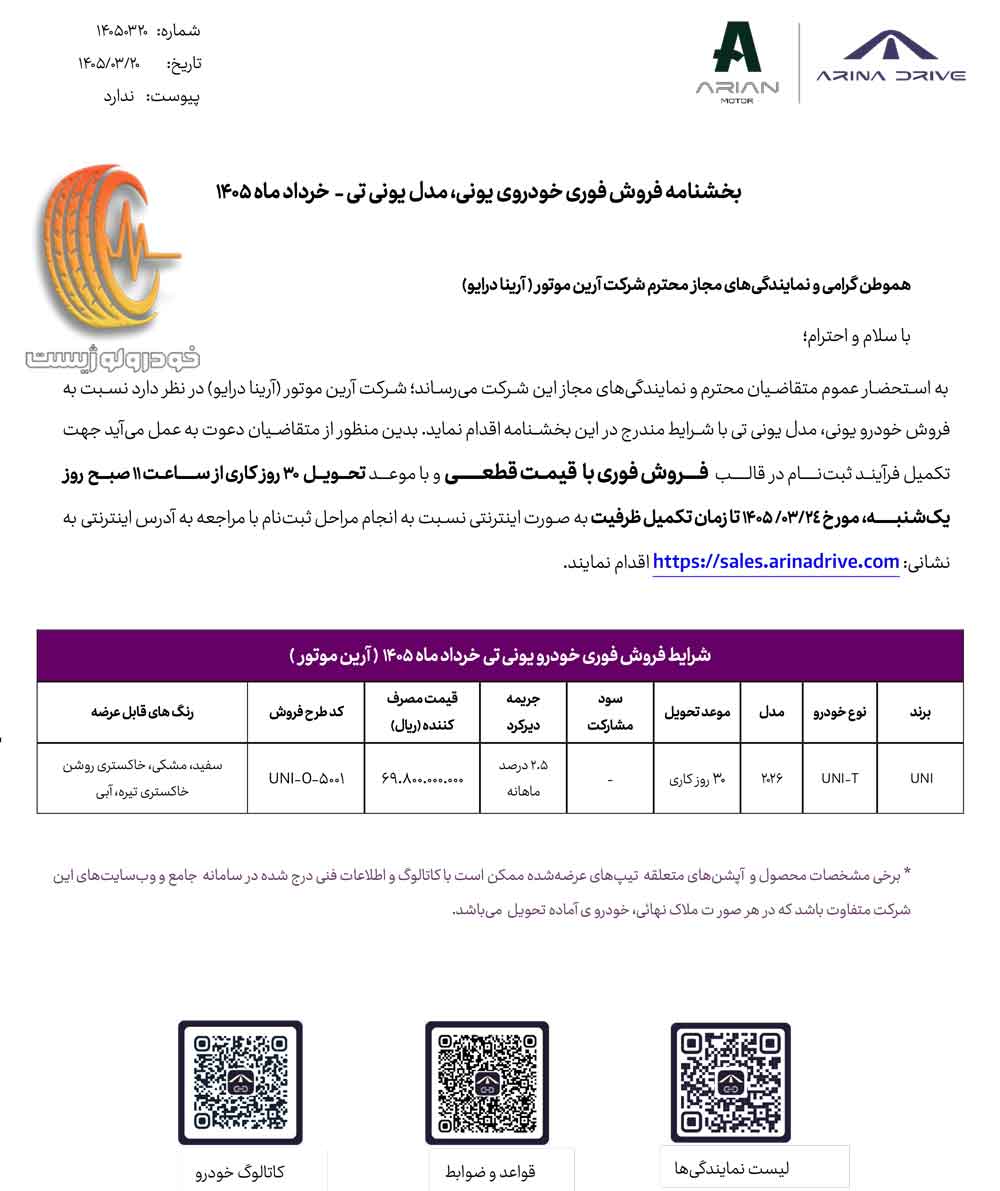 شرایط فروش فوری چانگان یونی تی ۲۰۲۶ توسط آرین موتور (آرینا درایو) در خرداد ۱۴۰۵