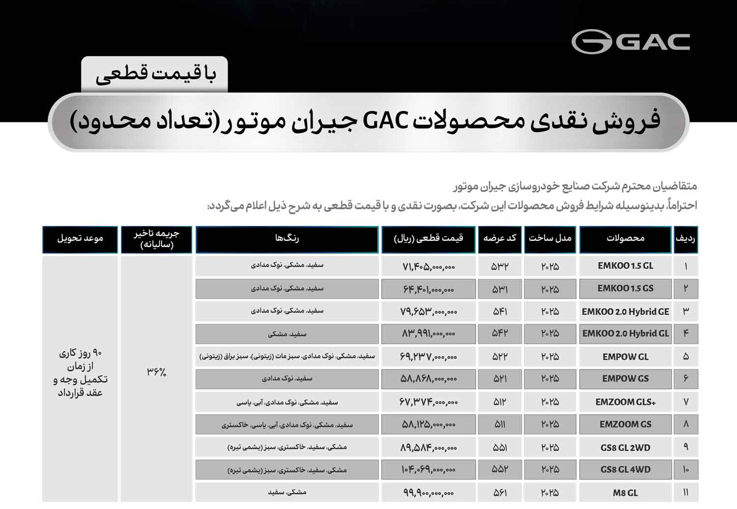 شرایط فروش جیران موتور (GAC) در خرداد ۱۴۰۵