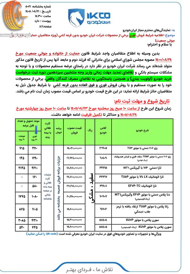 شرایط فروش ایران خودرو در تیر ۱۴۰۵ برای متقاضیان عادی، جوانی جمعیت و خودروهای فرسوده