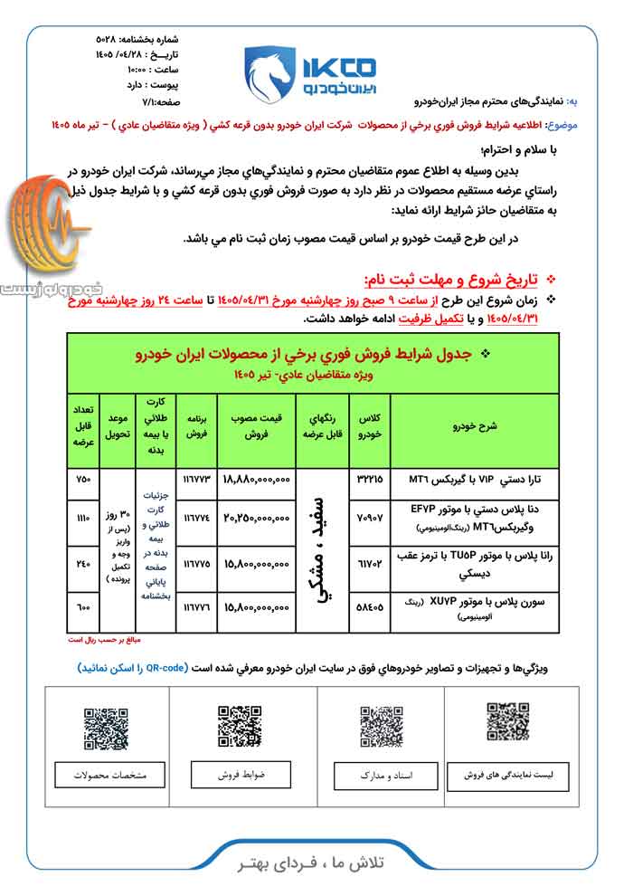 شرایط فروش فوری ایران خودرو تیر ۱۴۰۵