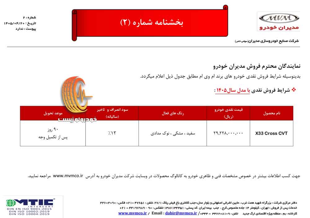 شرایط فروش نقدی امویام X33 Cross با قیمت ۲ میلیارد ۹۲۲ میلیون تومان در تیرماه ۱۴۰۵