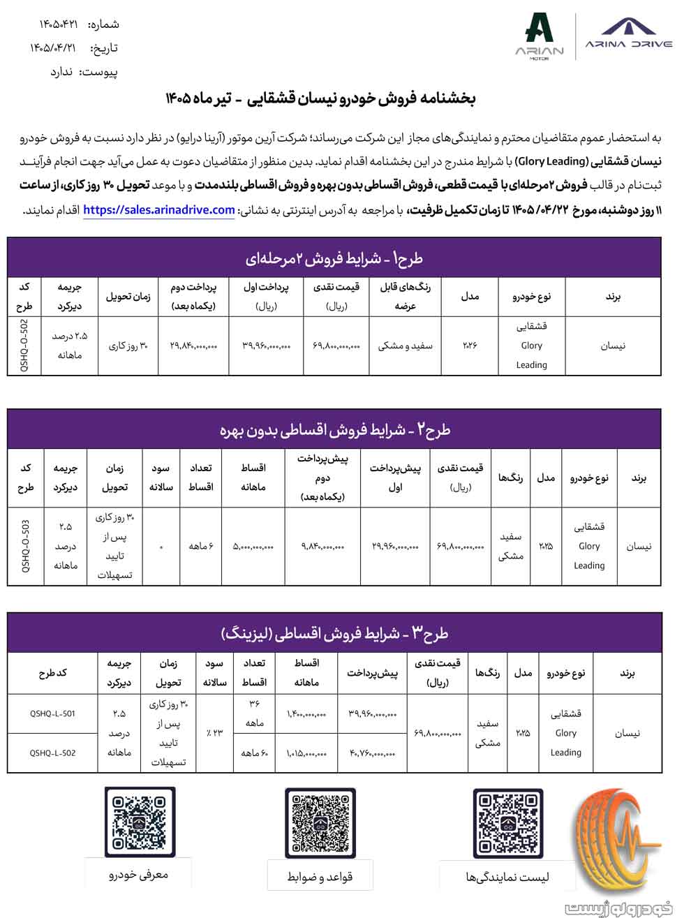 شرایط فروش نیسان قشقایی آرینا درایو در تیر ۱۴۰۵